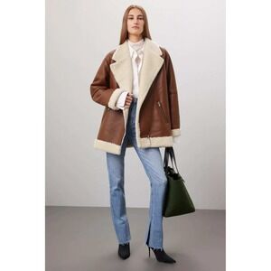 Splendid Faux Leather Shearling Moto Jacket Cognac Brown Aviator Biker Medium